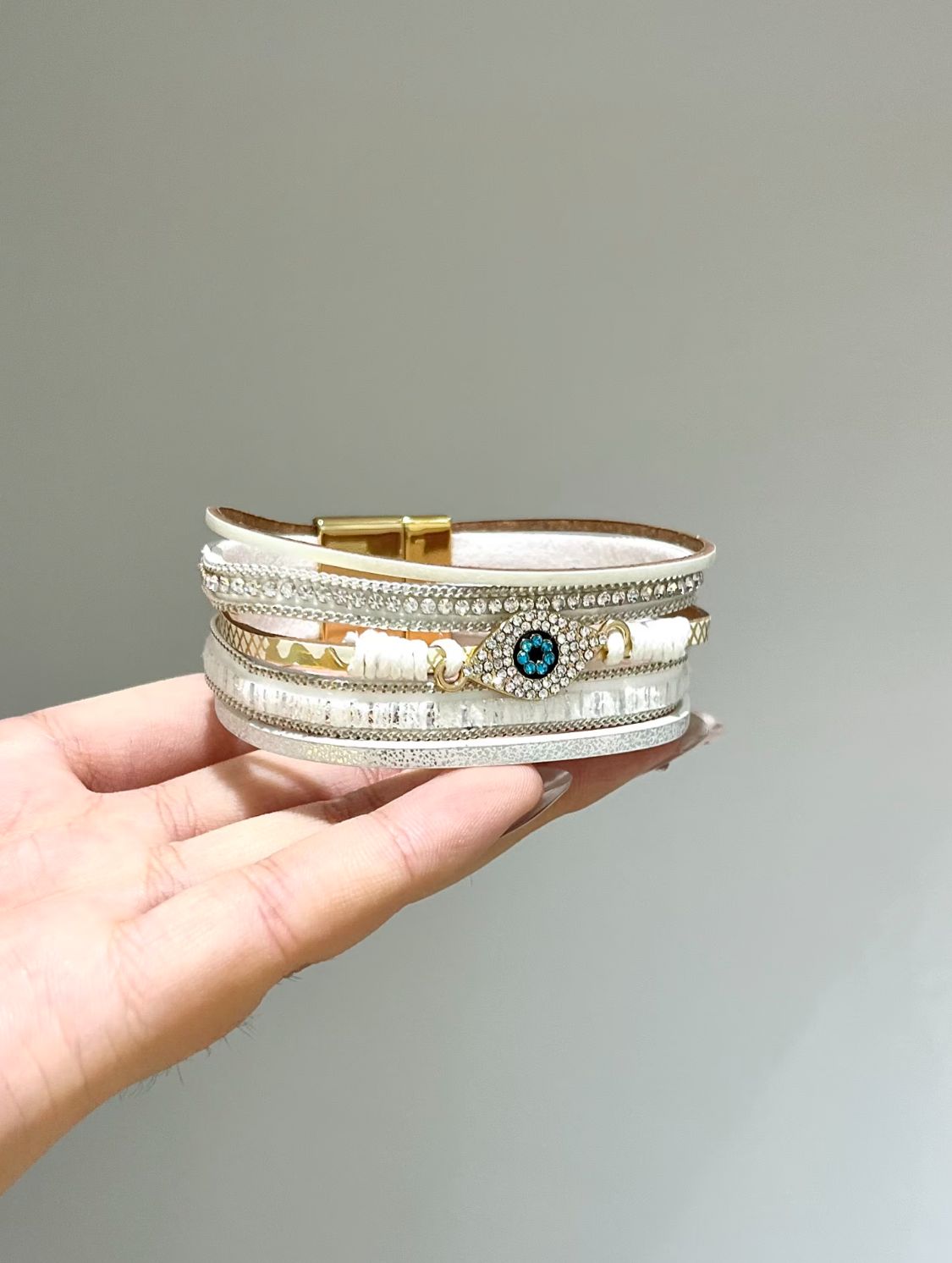 White Layered Evil Eye Cuff Bracelet