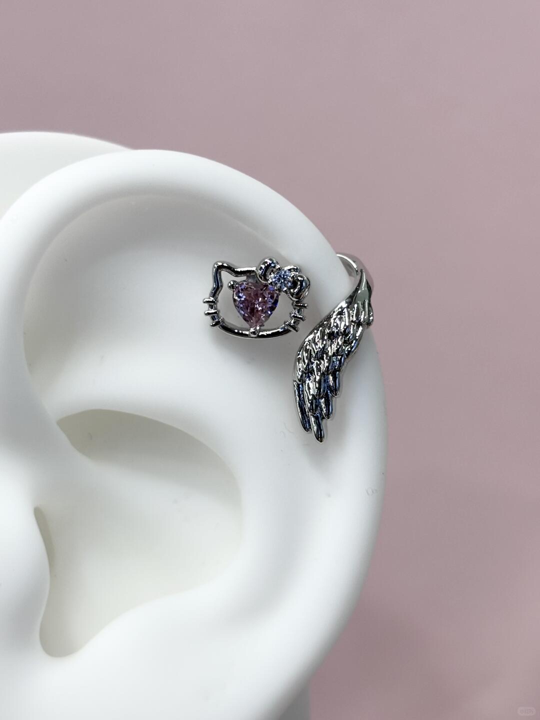 H Kitty Pink Heart Wings Helix Earrings