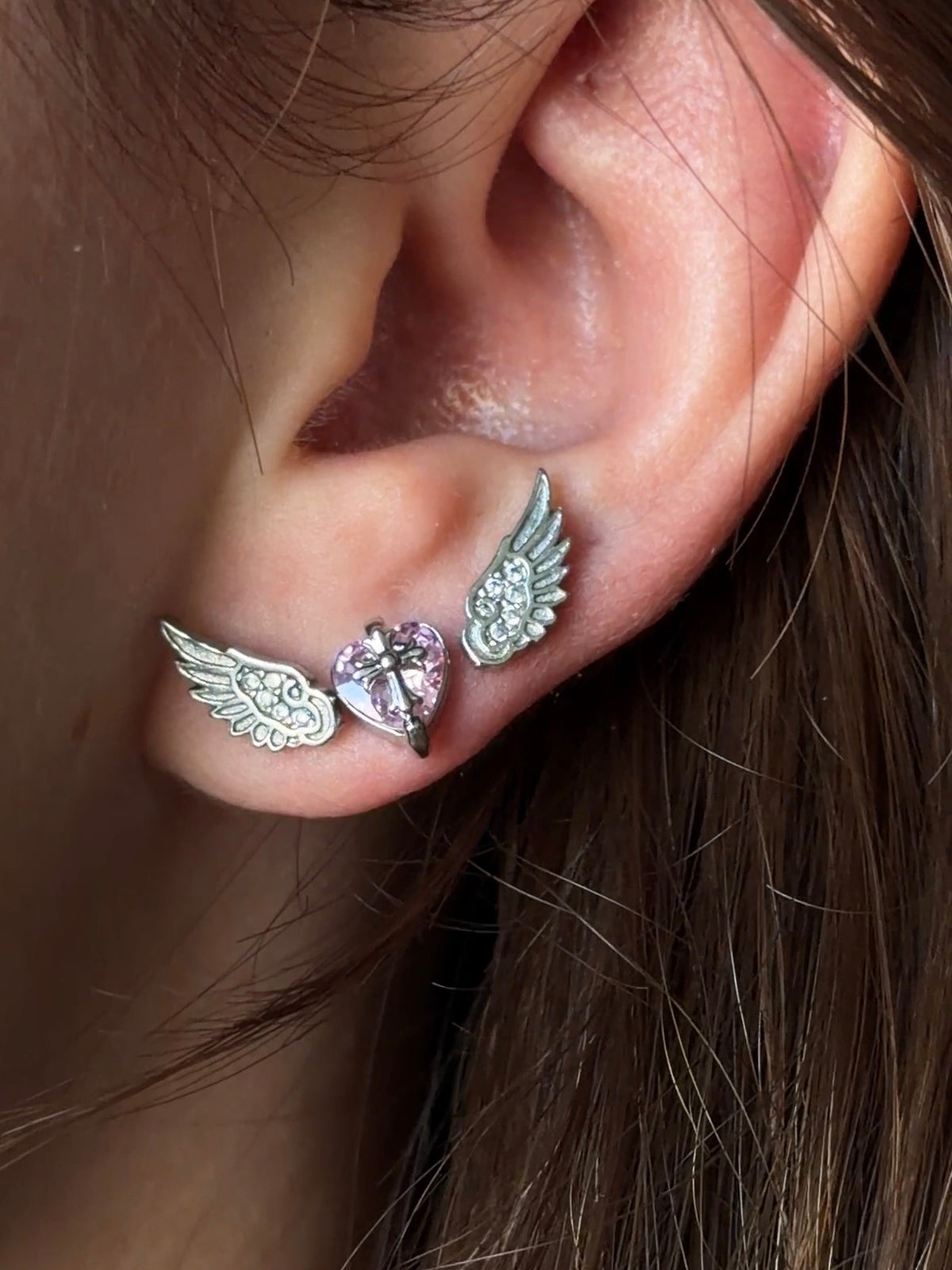 Devoted Wings Triple Lobe Earring Stack ( Pink Heart )
