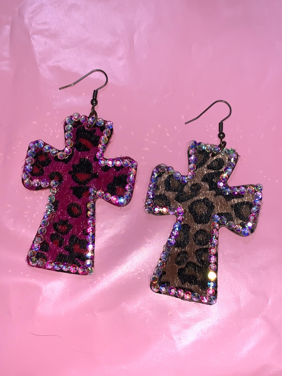 Leopard Sparkle Cross Earrings