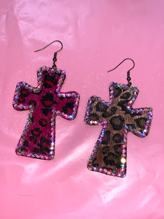 Leopard Sparkle Cross Earrings