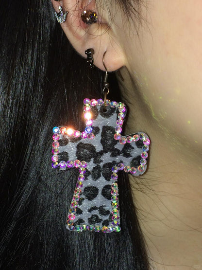 Leopard Sparkle Cross Earrings