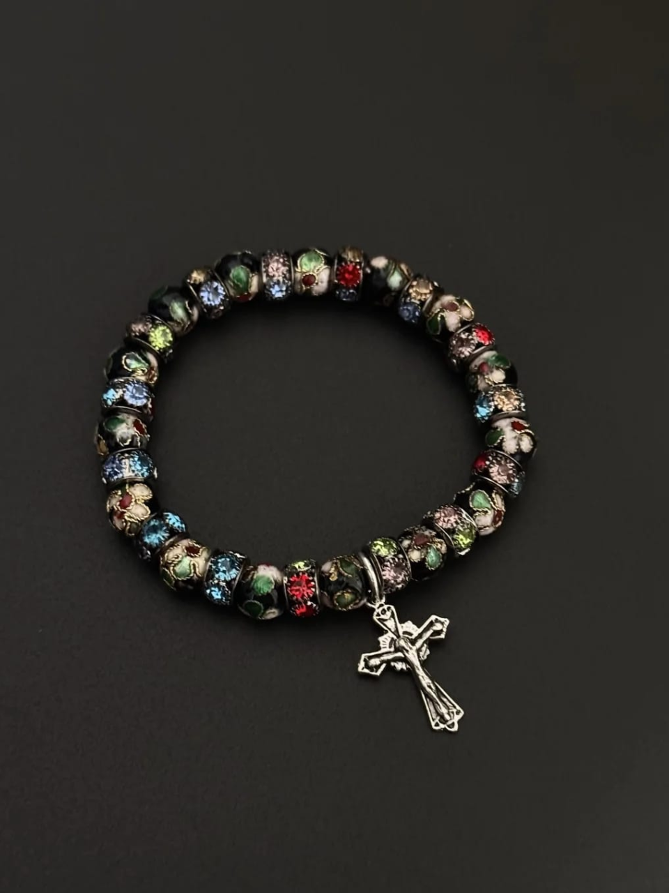 Floral Cloisonné Cross Charm Bracelet