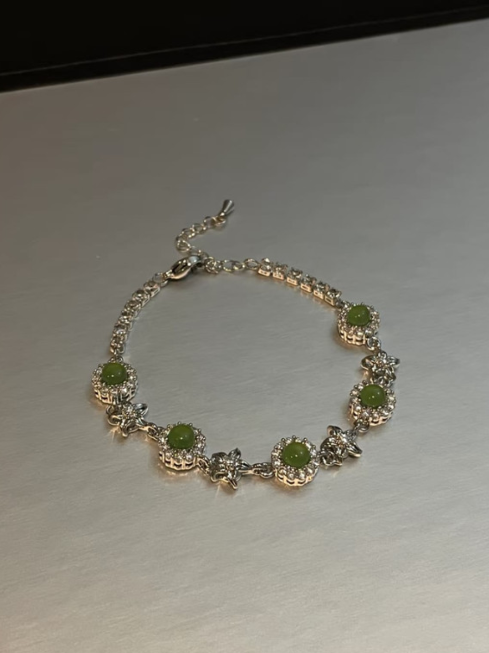 Silver Flower Link Green Gem Bracelet