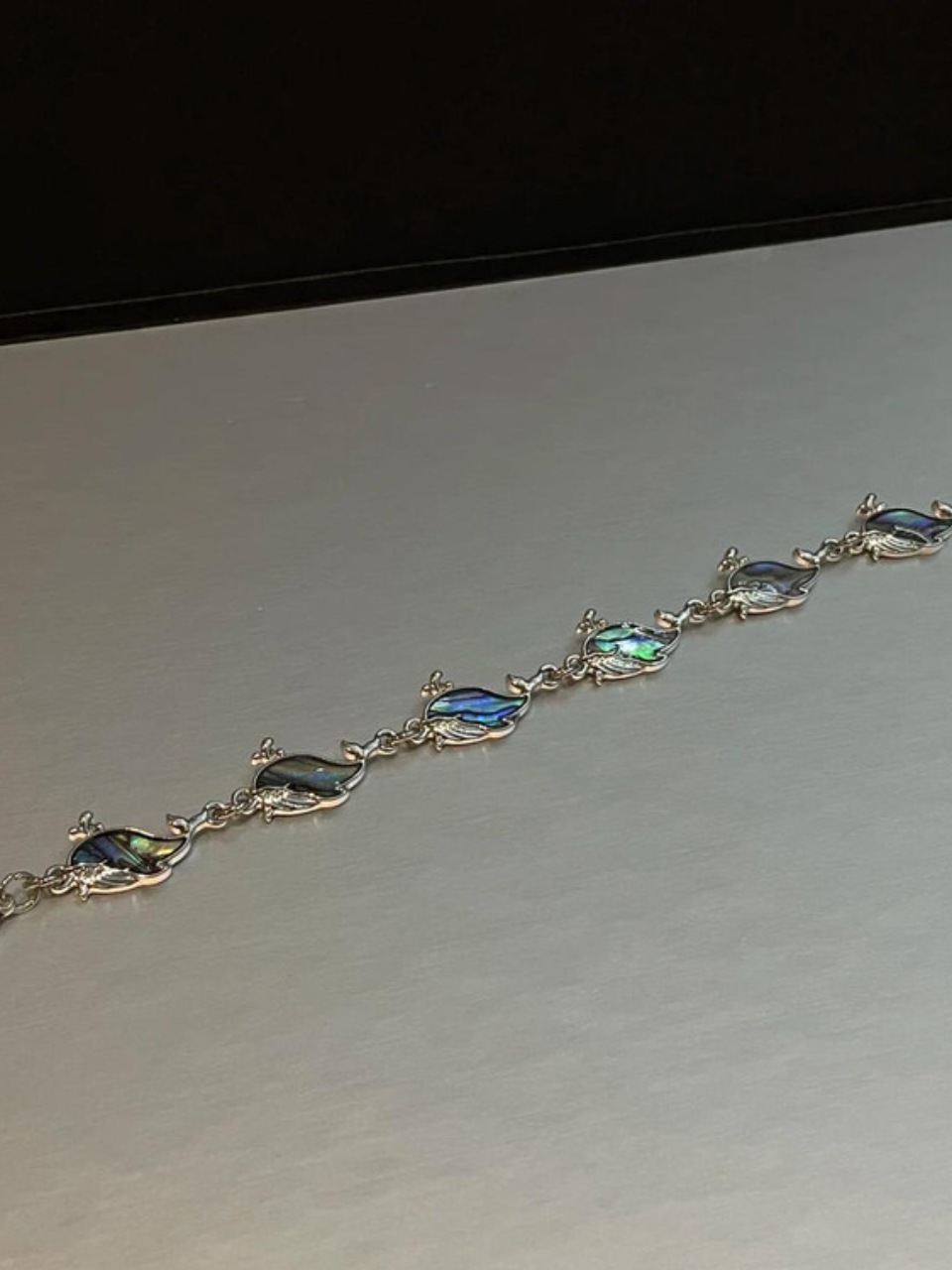 Silver Tone Jade Flower Link Bracelet