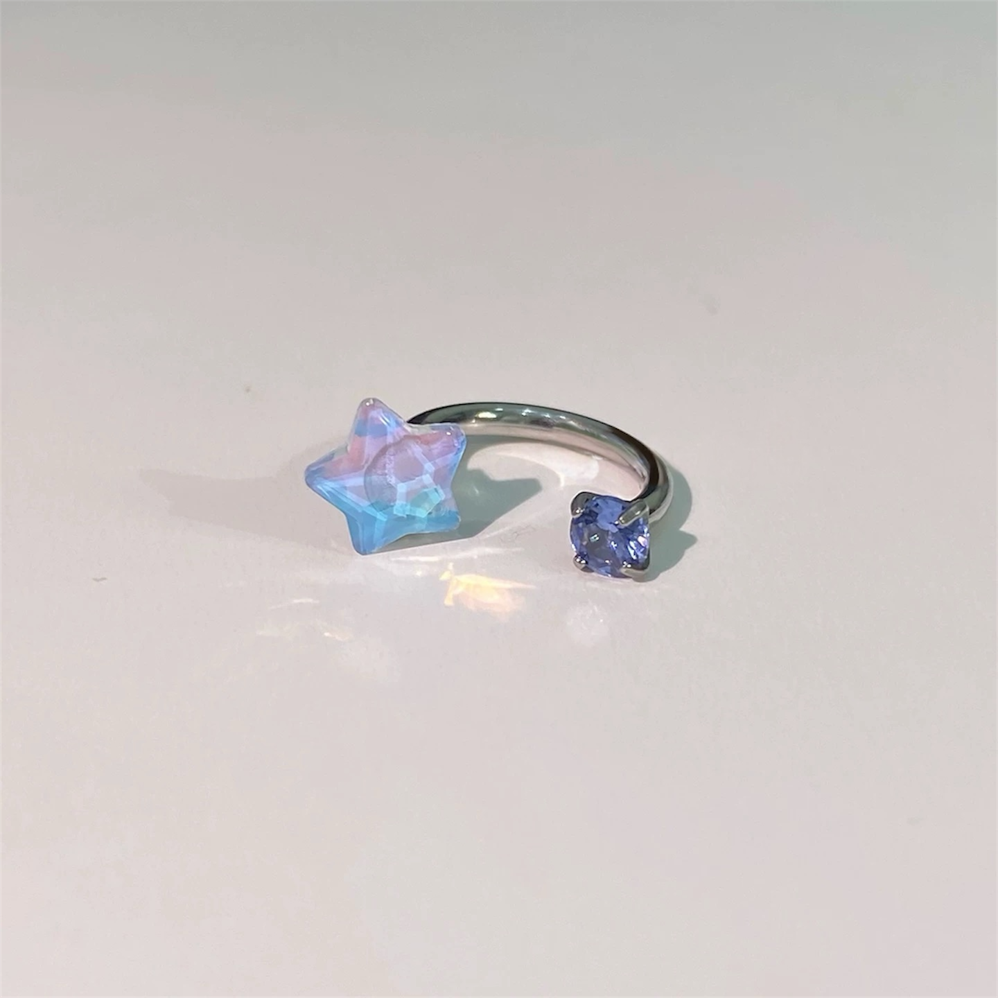 Silver Opal Star Aqua Crystal Adjustable Ring