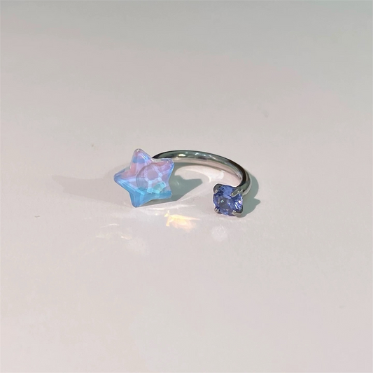 Silver Opal Star Aqua Crystal Adjustable Ring