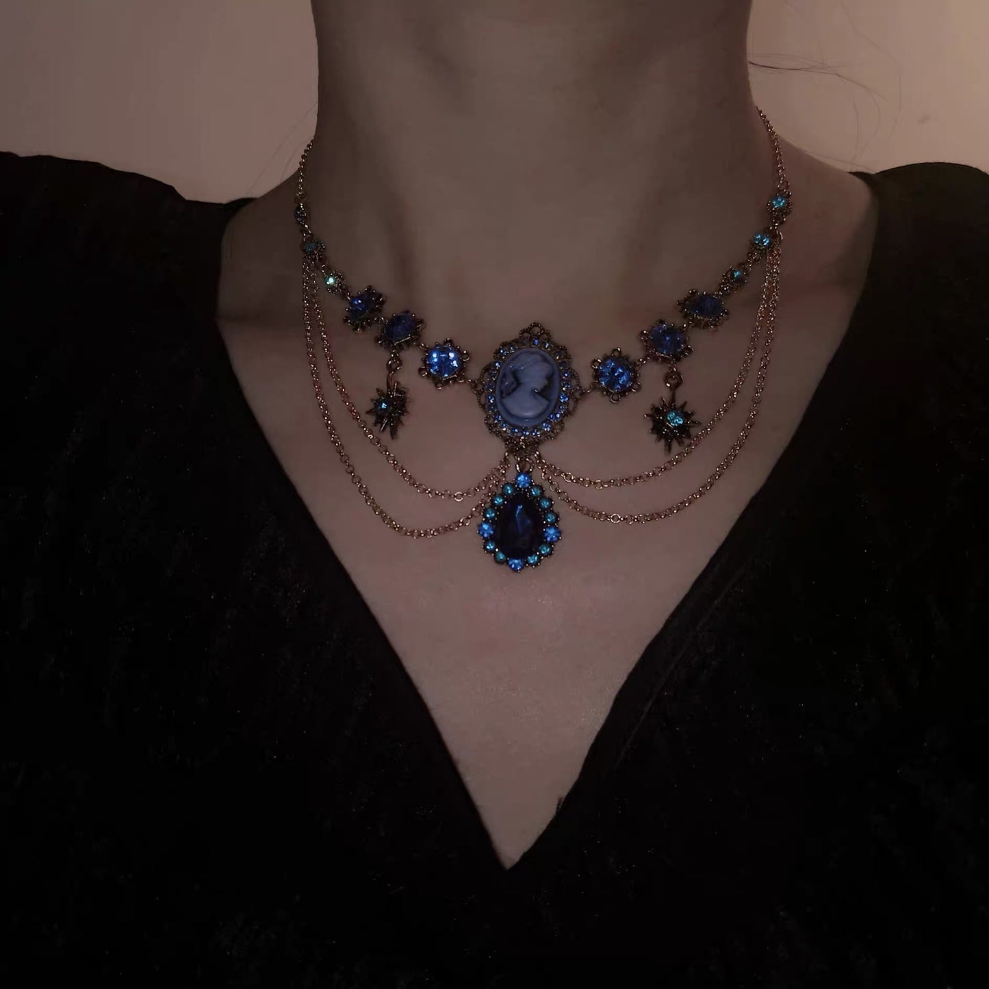 Gold Victorian Blue Teardrop Necklace