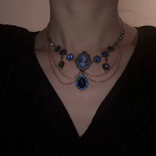 Gold Victorian Blue Teardrop Necklace