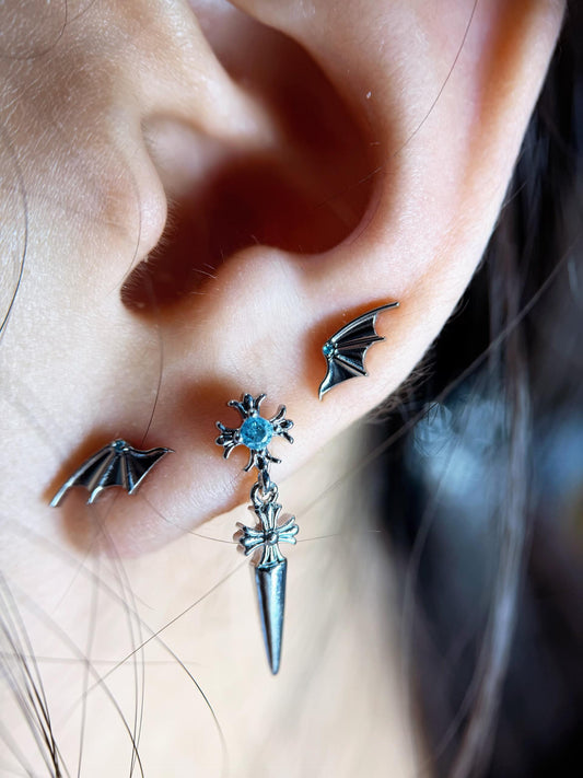 Black Bat and Cross Spike Triple Lobe Earring Stack