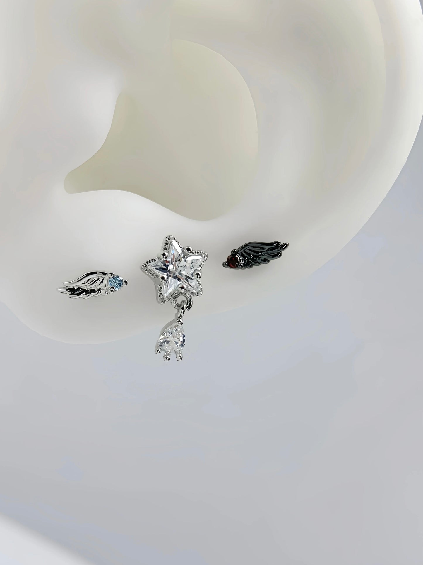 Obsidian Angel Stardrop Triple Lobe Earring Stack