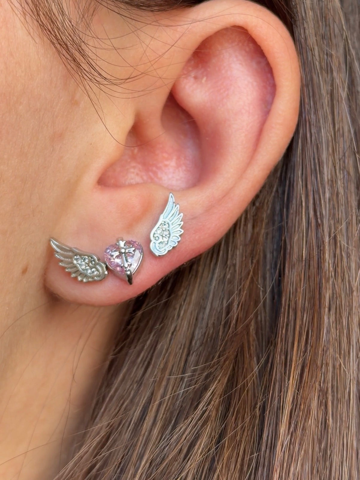 Devoted Wings Triple Lobe Earring Stack ( Pink Heart )