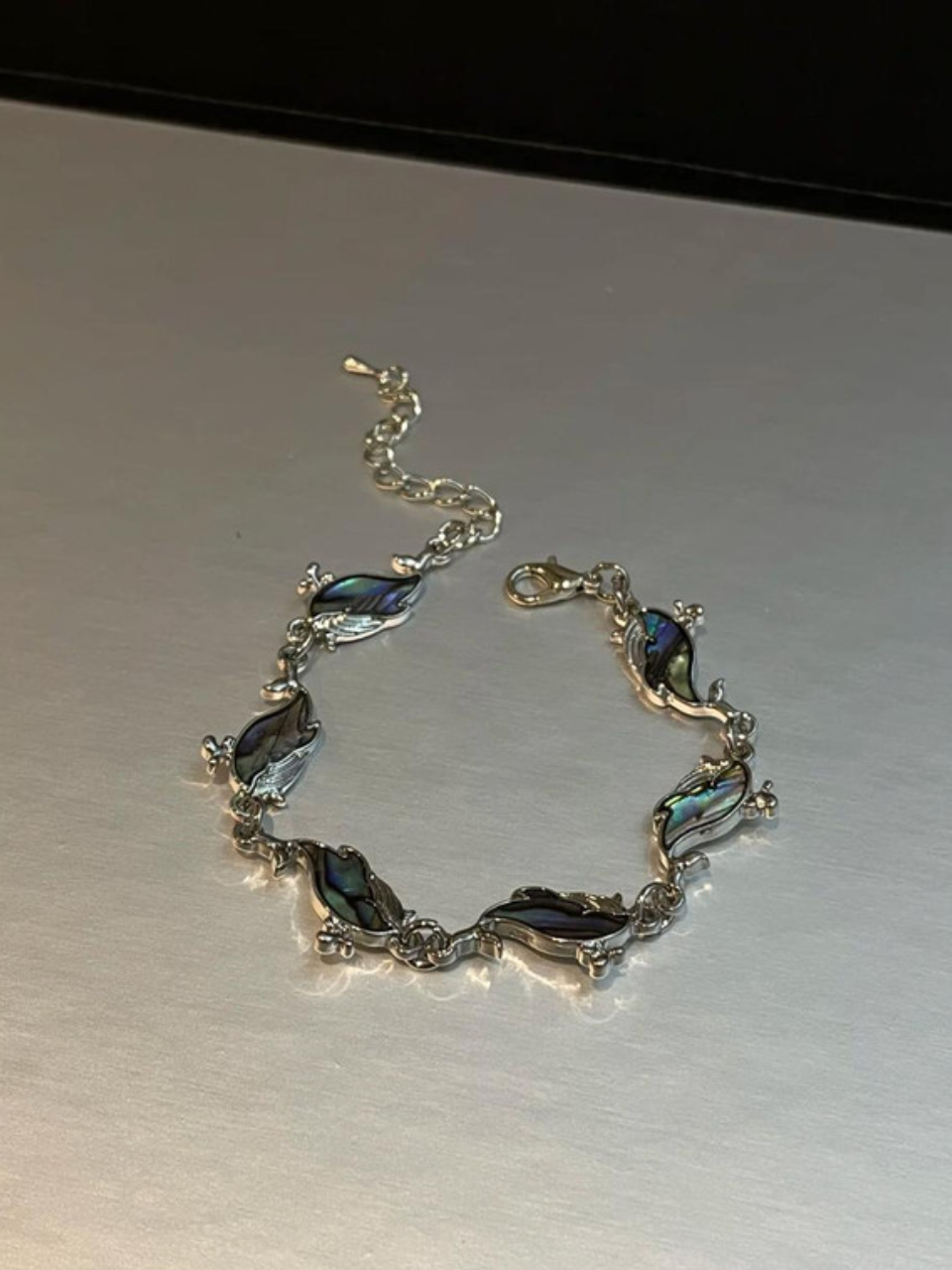 Silver Tone Jade Flower Link Bracelet