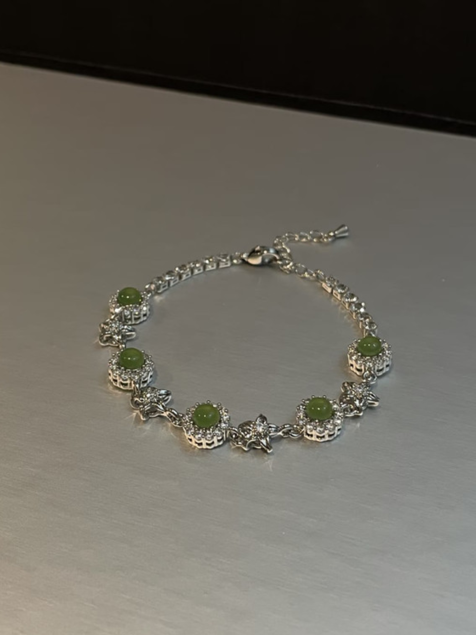 Silver Flower Link Green Gem Bracelet