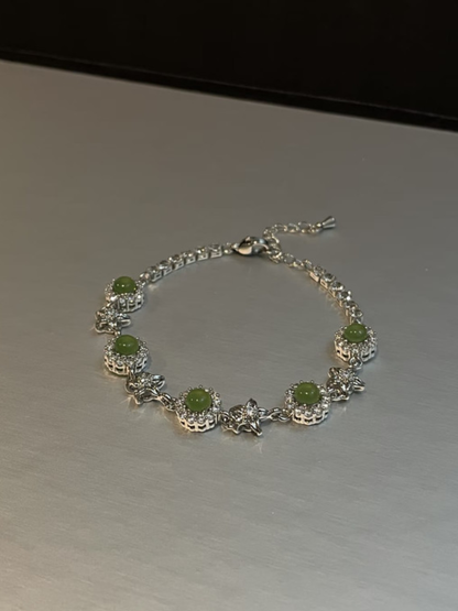 Silver Flower Link Green Gem Bracelet