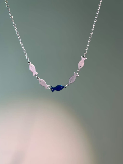 Silver Shoal Blue Fish Necklace