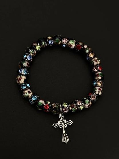 Floral Cloisonné Cross Charm Bracelet