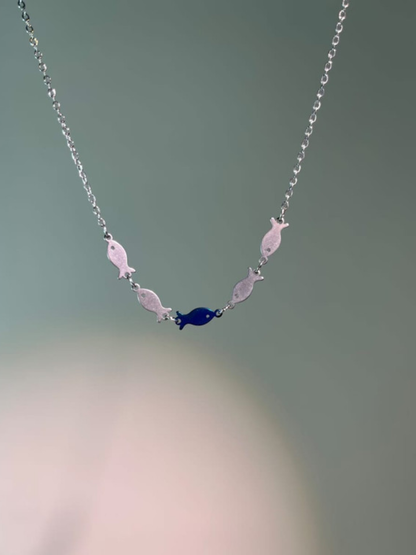 Silver Shoal Blue Fish Necklace