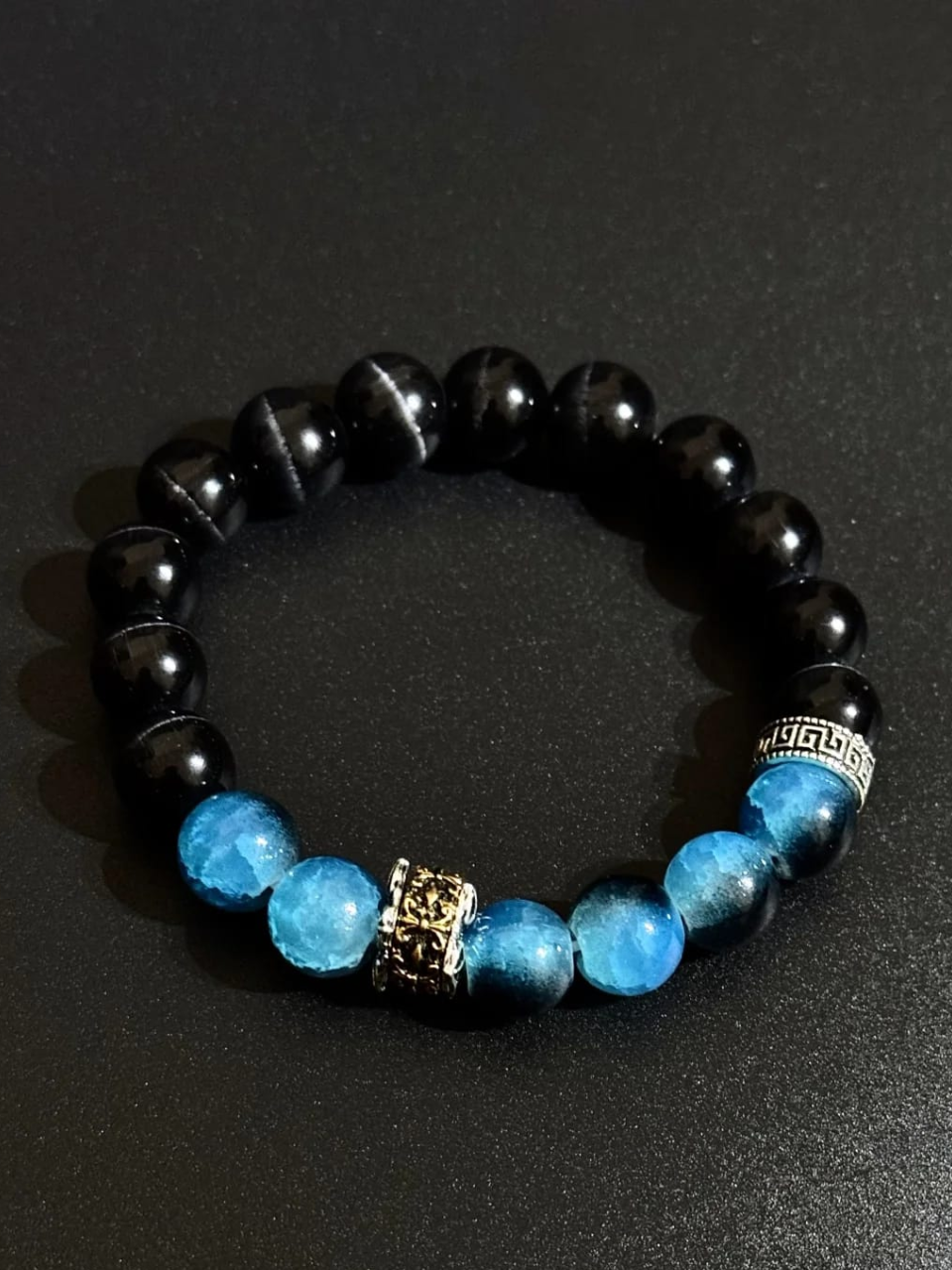 Galaxy Blue and Obsidian Bead Bracelet