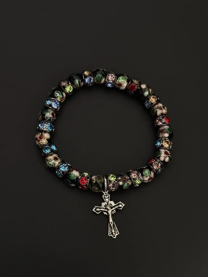 Floral Cloisonné Cross Charm Bracelet