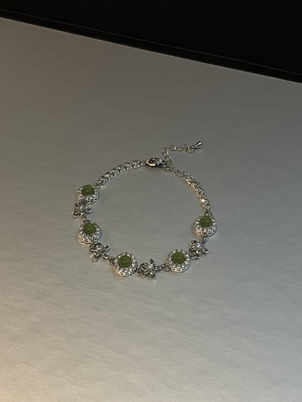 Silver Flower Link Green Gem Bracelet