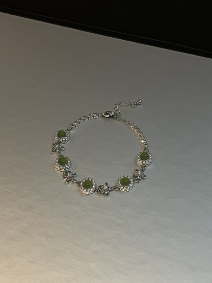 Silver Flower Link Green Gem Bracelet