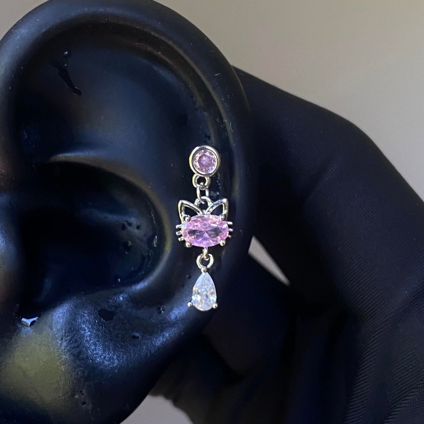 Pink H Kitty Crystal Drop Helix Earrings