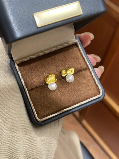 Gold H-Kitty Pearl Charms Earrings