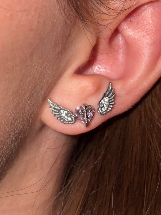 Devoted Wings Triple Lobe Earring Stack ( Pink Heart )