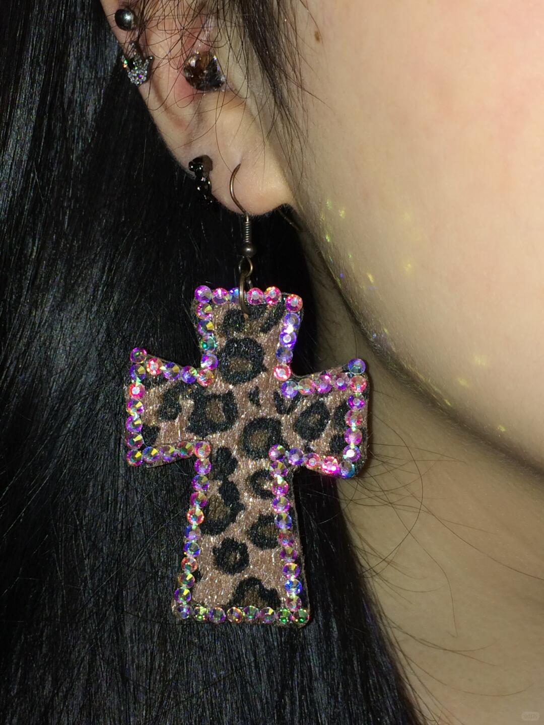 Leopard Sparkle Cross Earrings
