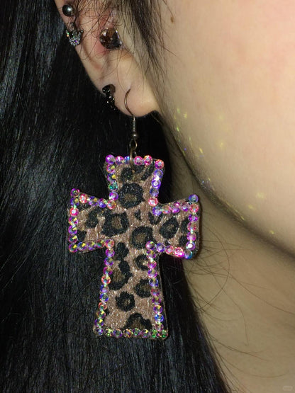 Leopard Sparkle Cross Earrings