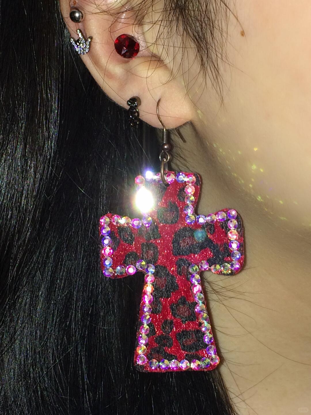 Leopard Sparkle Cross Earrings