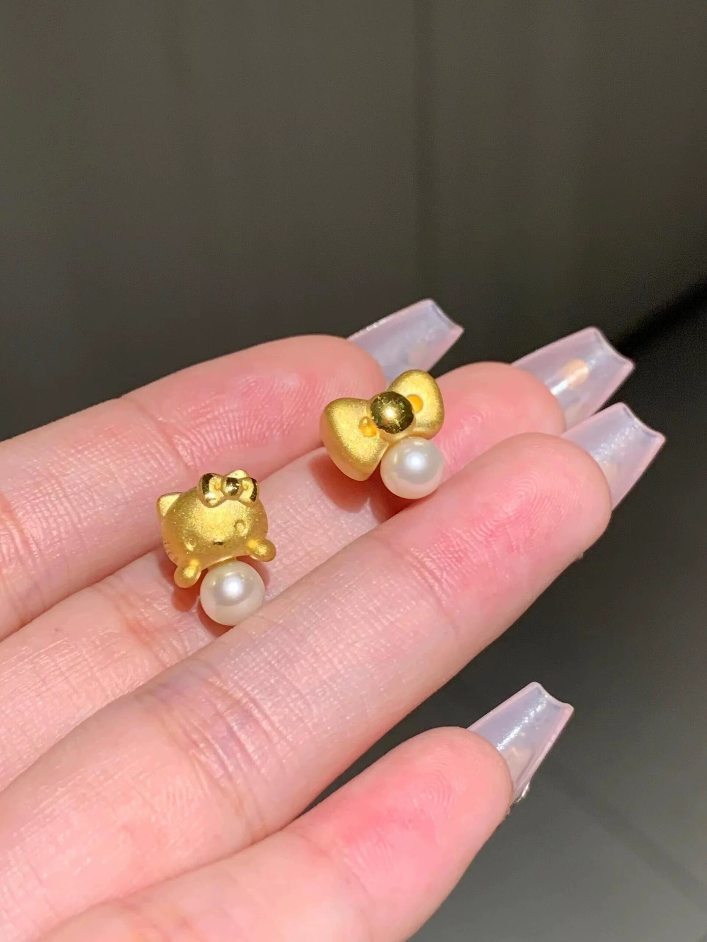 Gold H-Kitty Pearl Charms Earrings