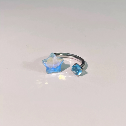 Silver Opal Star Blue Crystal Adjustable Ring