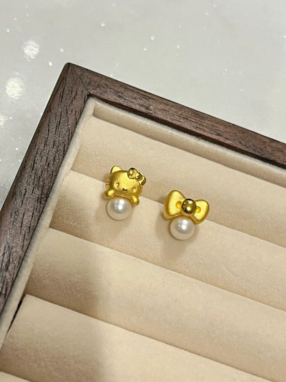 Gold H-Kitty Pearl Charms Earrings