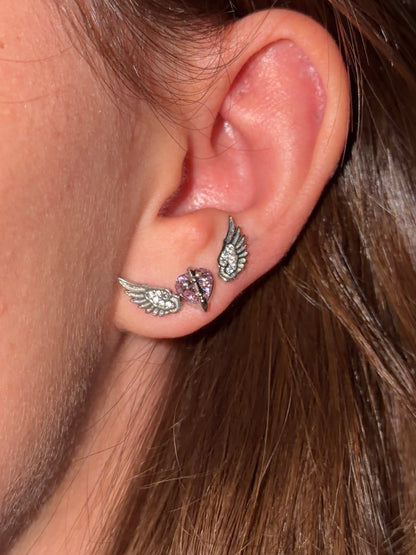 Devoted Wings Triple Lobe Earring Stack ( Pink Heart )