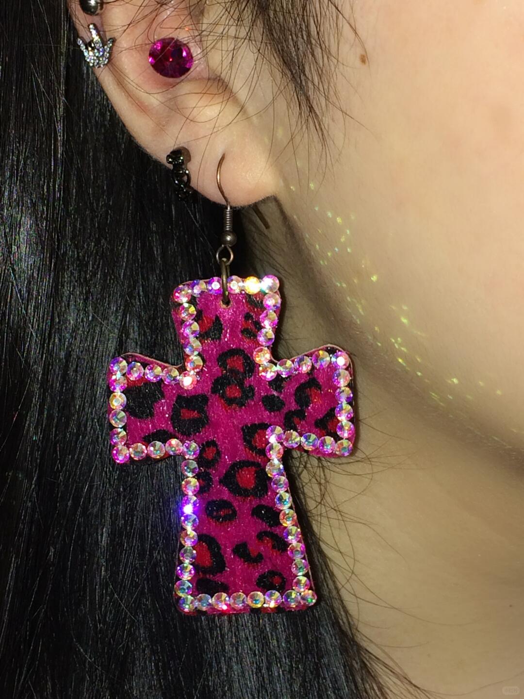 Leopard Sparkle Cross Earrings