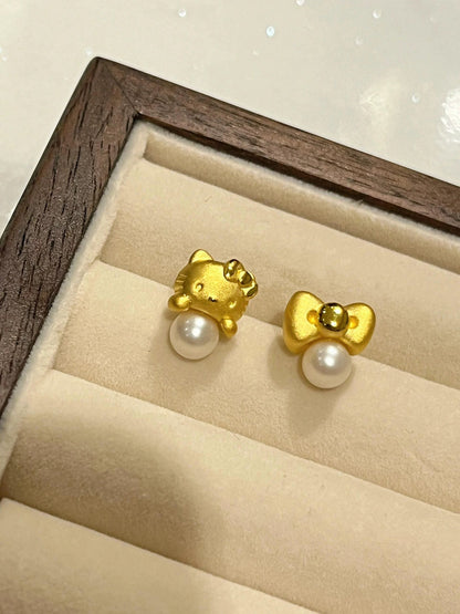 Gold H-Kitty Pearl Charms Earrings