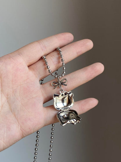 Kitty Bow Charm Locket Necklace