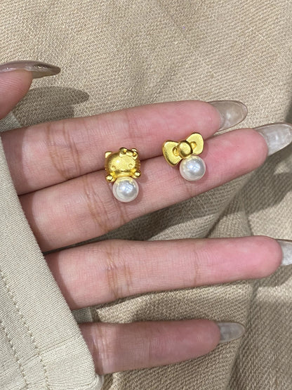 Gold H-Kitty Pearl Charms Earrings