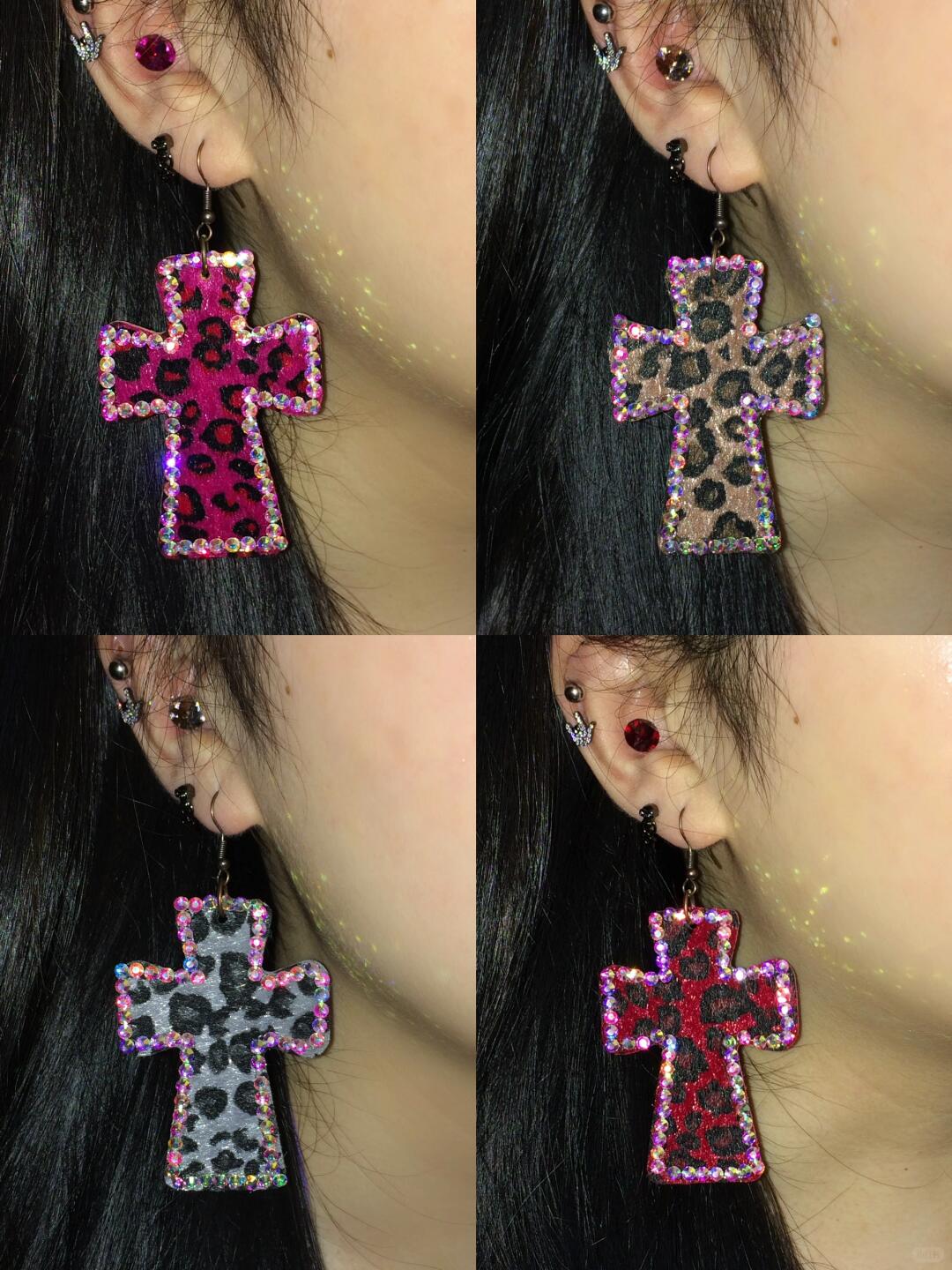 Leopard Sparkle Cross Earrings