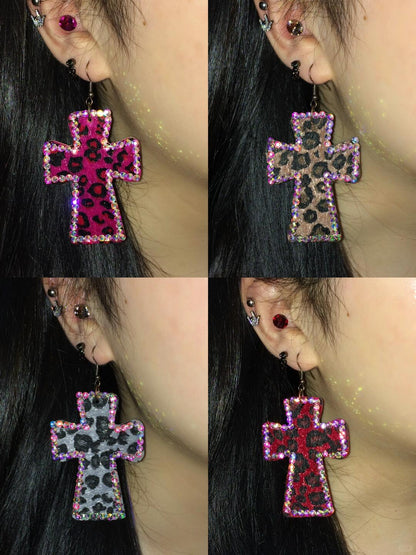Leopard Sparkle Cross Earrings