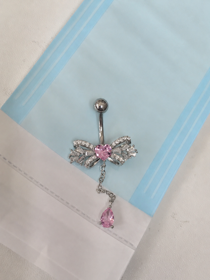 Pink Crystal Bow Drop Belly Ring