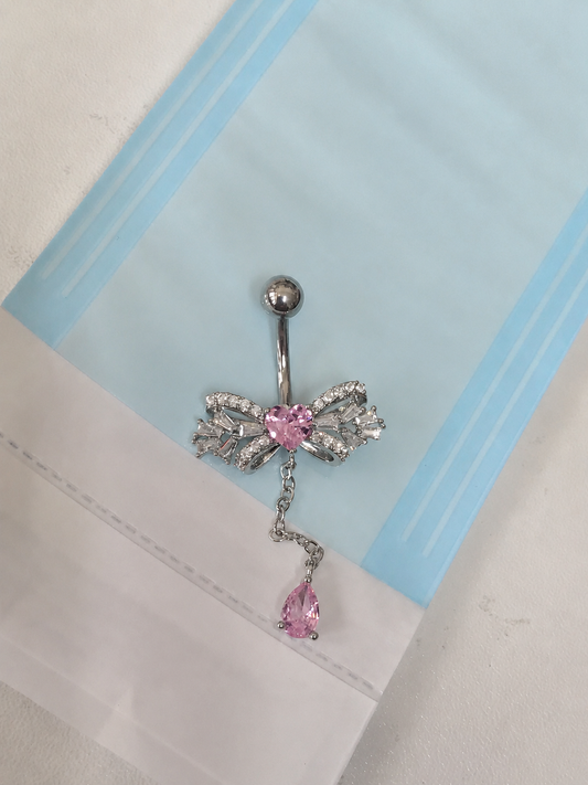 Pink Crystal Bow Drop Belly Ring