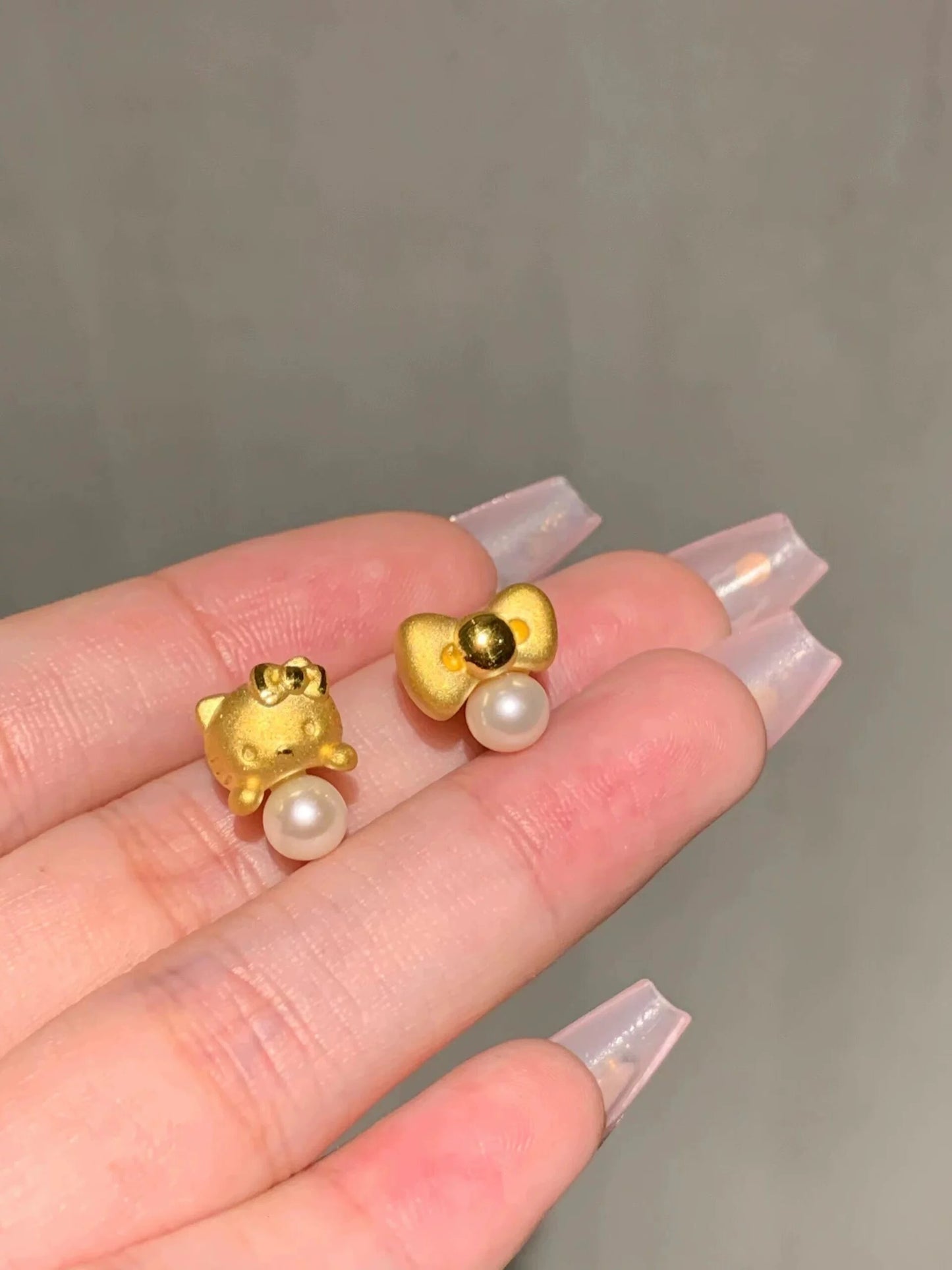 Gold H-Kitty Pearl Charms Earrings
