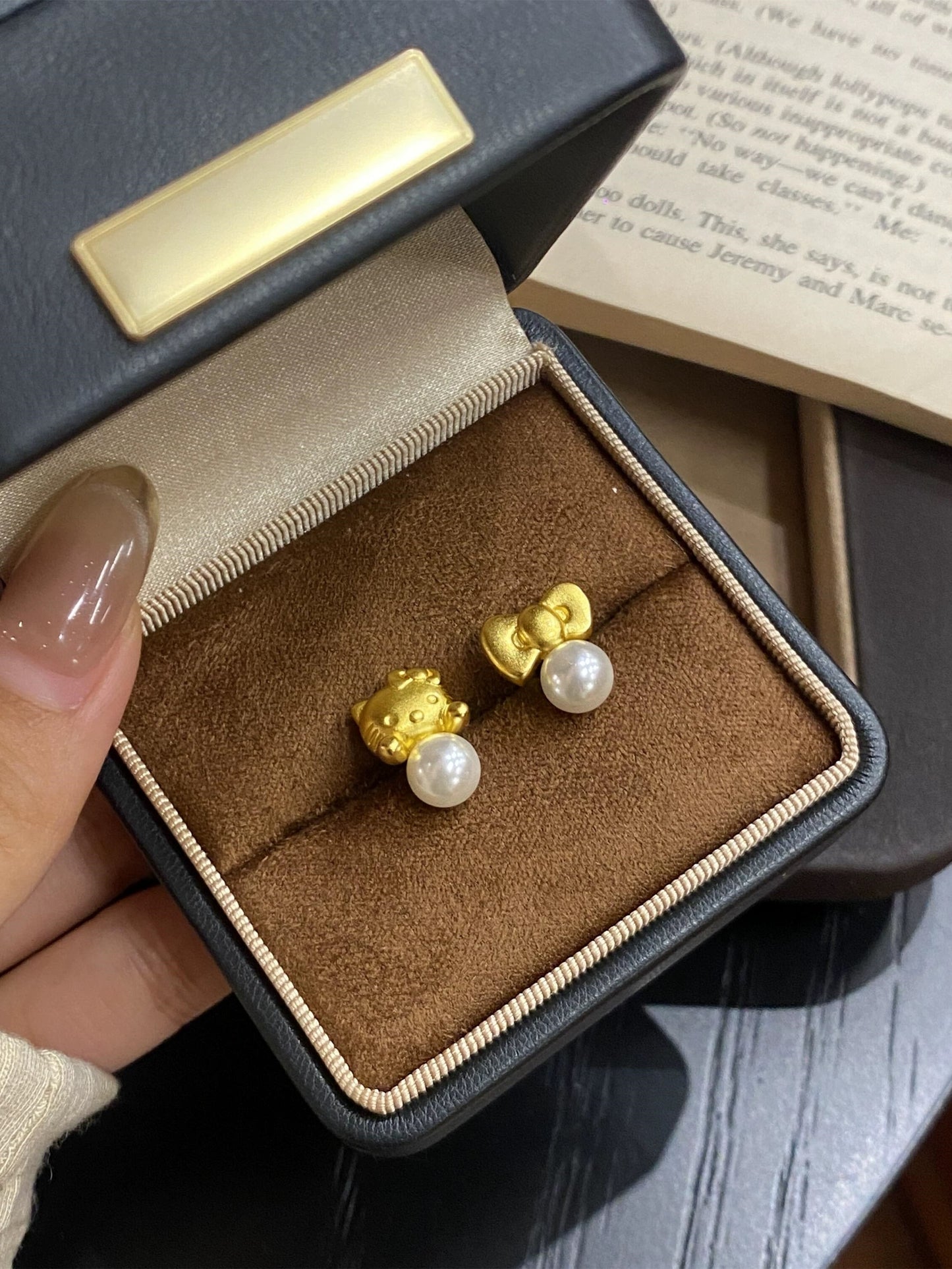 Gold H-Kitty Pearl Charms Earrings