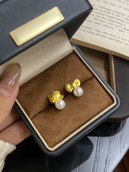 Gold H-Kitty Pearl Charms Earrings