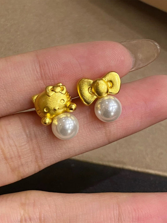 Gold H-Kitty Pearl Charms Earrings
