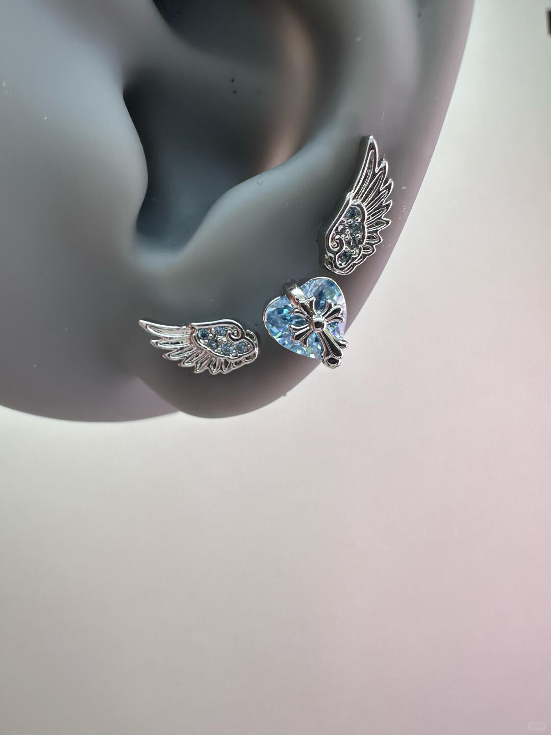 Devoted Wings Triple Lobe Earring Stack ( Blue )