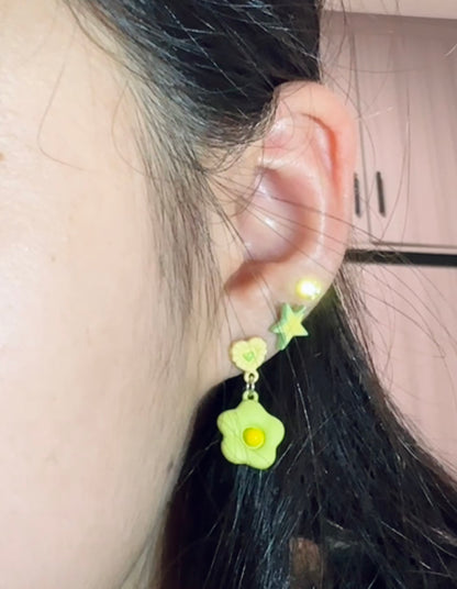 Green & Yellow flower Star Stack Lobe Earrings